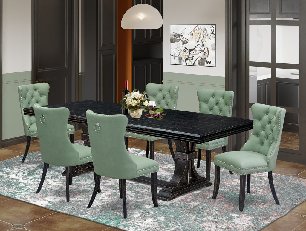 Luxe by East West Furniture NEDA7-SBB-22 7 Pieces Dining Set Contains a Rectangle Kitchen Table and 6 Willow Green Faux Leather Modern Chairs, Sand Blasting Black