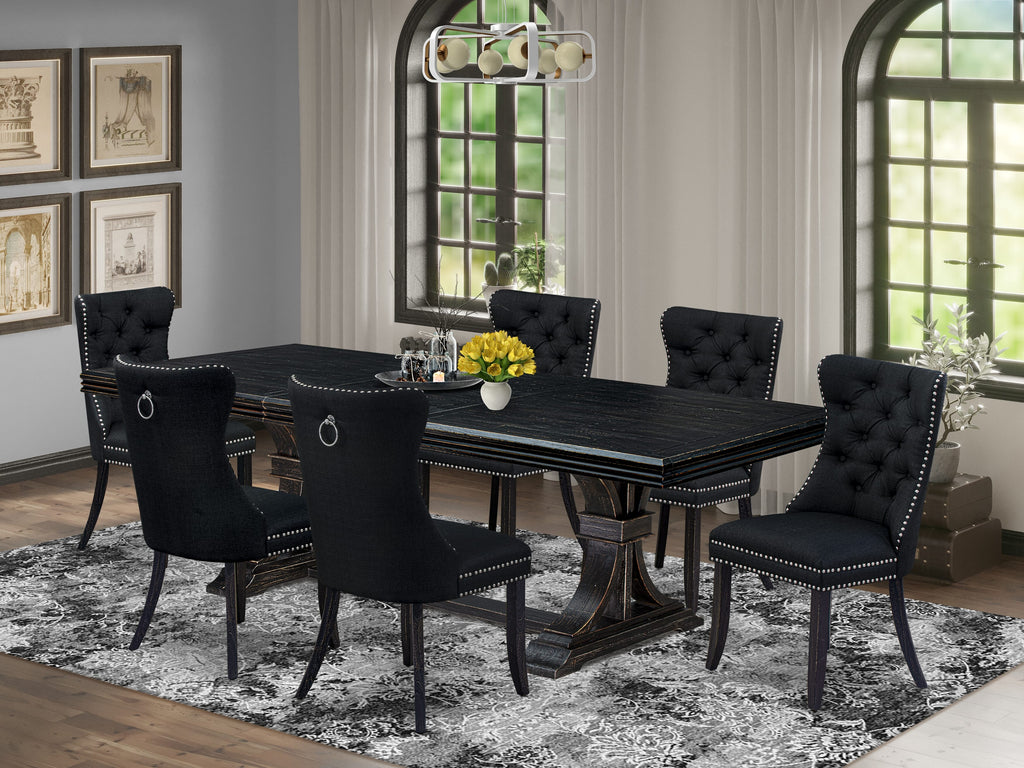 Luxe by East West Furniture NEDA7-SBB-24 - 7-piece dining room set consists of a wooden table and 6 Black Linen Fabric kitchen chairs with Button Tufted Chair Back - Sand Blasting Black Finish.