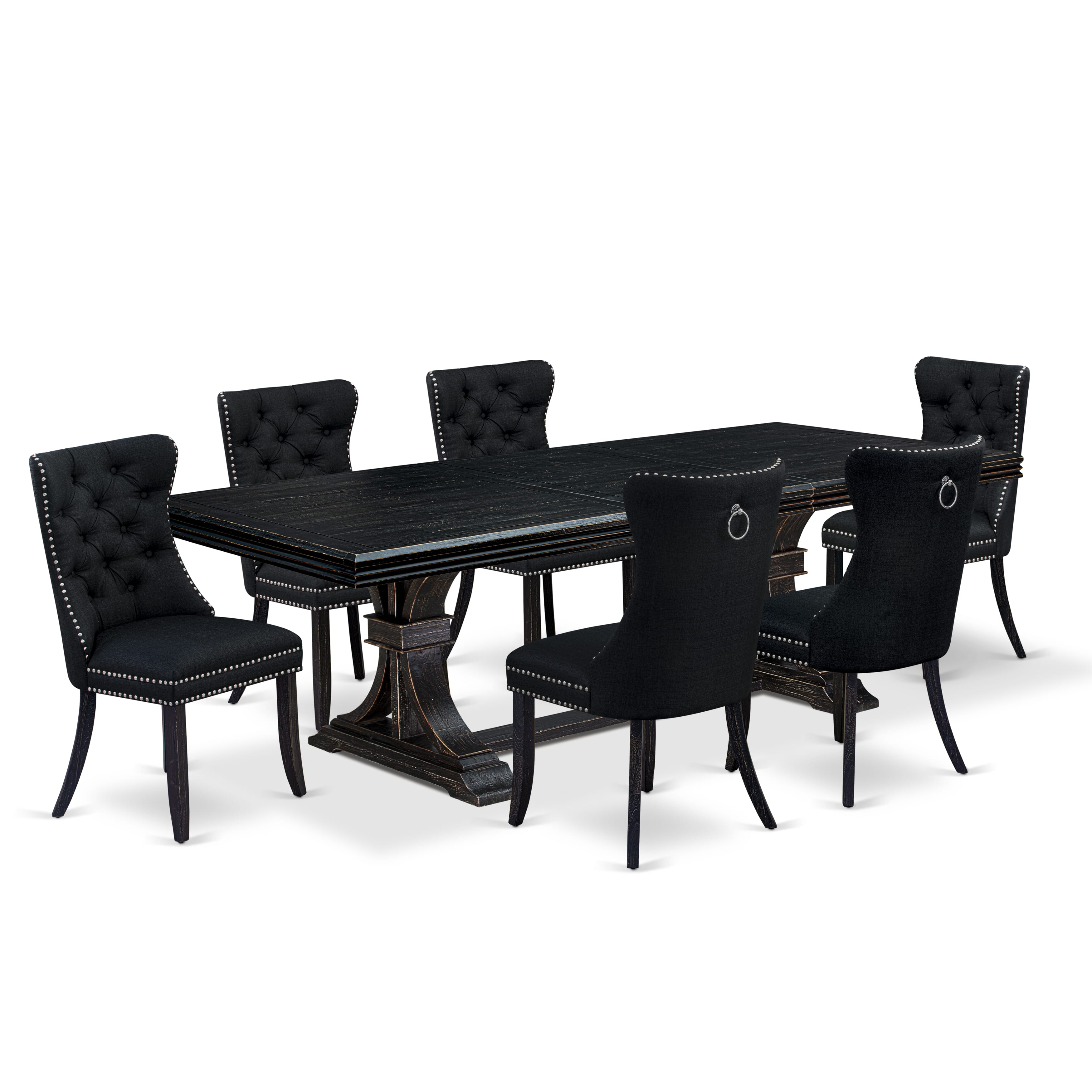Luxe by East West Furniture NEDA7-SBB-24 - 7-piece dining room set consists of a wooden table and 6 Black Linen Fabric kitchen chairs with Button Tufted Chair Back - Sand Blasting Black Finish.