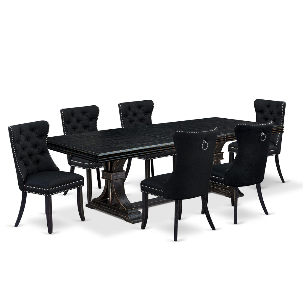 Luxe by East West Furniture NEDA7-SBB-24 - 7-piece dining room set consists of a wooden table and 6 Black Linen Fabric kitchen chairs with Button Tufted Chair Back - Sand Blasting Black Finish.