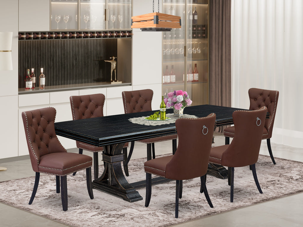 Luxe by East West Furniture NEDA7-SBB-26 - 7-piece dining table set includes a wooden table and 6 Burgundy Faux Leather Parson Chairs with Button Tufted Chair Back - Sand Blasting Black Finish