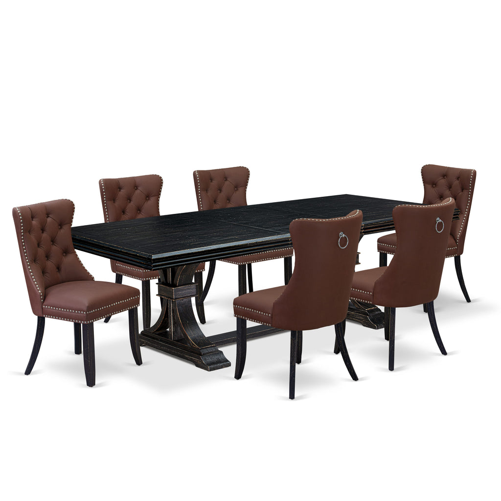 Luxe by East West Furniture NEDA7-SBB-26 - 7-piece dining table set includes a wooden table and 6 Burgundy Faux Leather Parson Chairs with Button Tufted Chair Back - Sand Blasting Black Finish