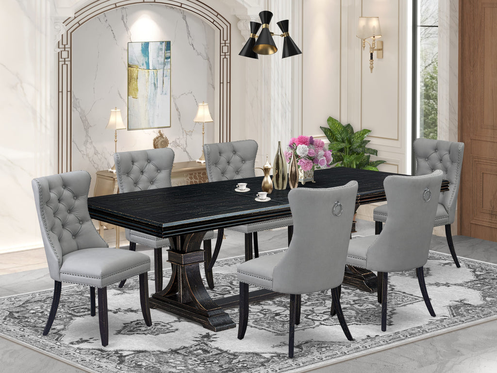 Luxe by East West Furniture NEDA7-SBB-27 - 7-piece modern kitchen table set includes a kitchen table and 6 Light Gray Faux Leather parson Chairs with Button Tufted Chair Back - Sand Blasting Black Finish.