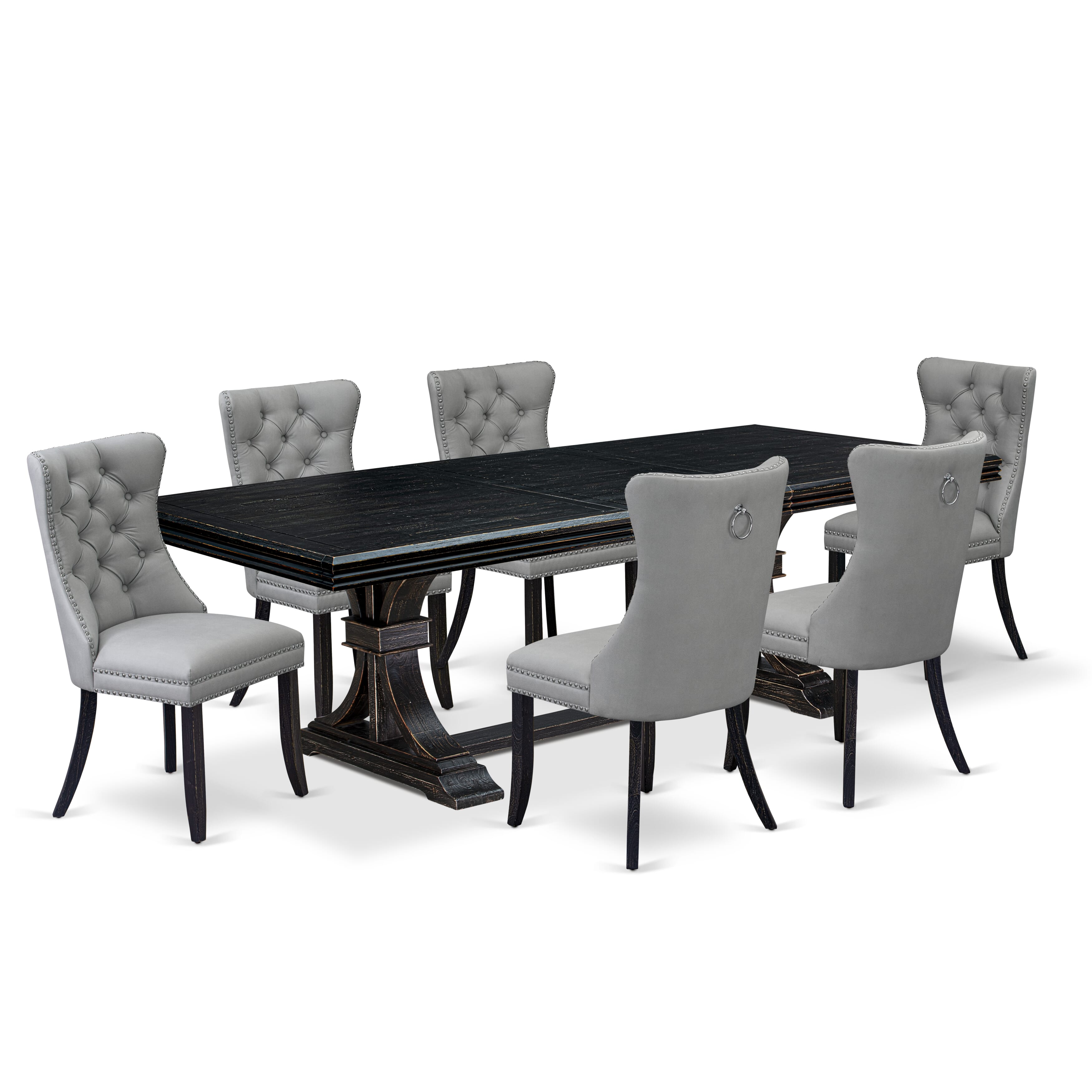 Luxe by East West Furniture NEDA7-SBB-27 - 7-piece modern kitchen table set includes a kitchen table and 6 Light Gray Faux Leather parson Chairs with Button Tufted Chair Back - Sand Blasting Black Finish.