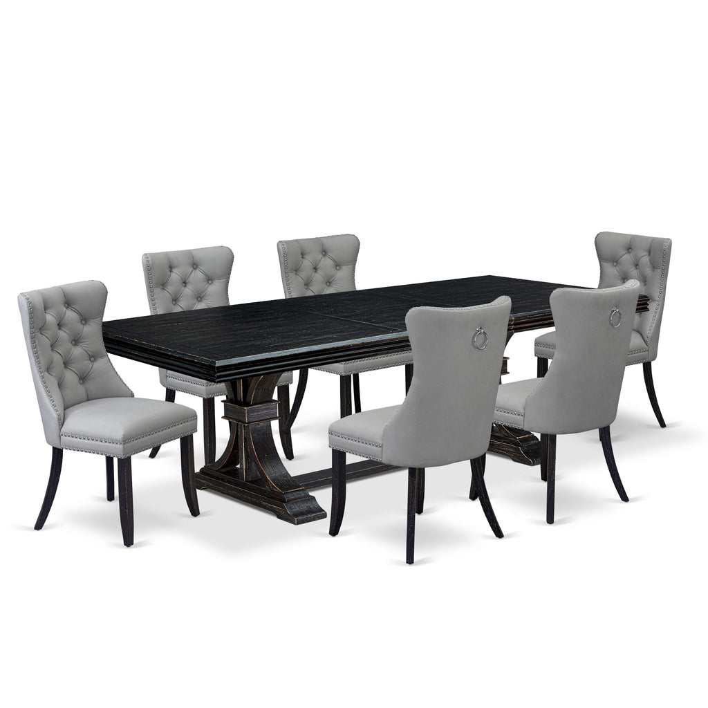 Luxe by East West Furniture NEDA7-SBB-27 - 7-piece modern kitchen table set includes a kitchen table and 6 Light Gray Faux Leather parson Chairs with Button Tufted Chair Back - Sand Blasting Black Finish.