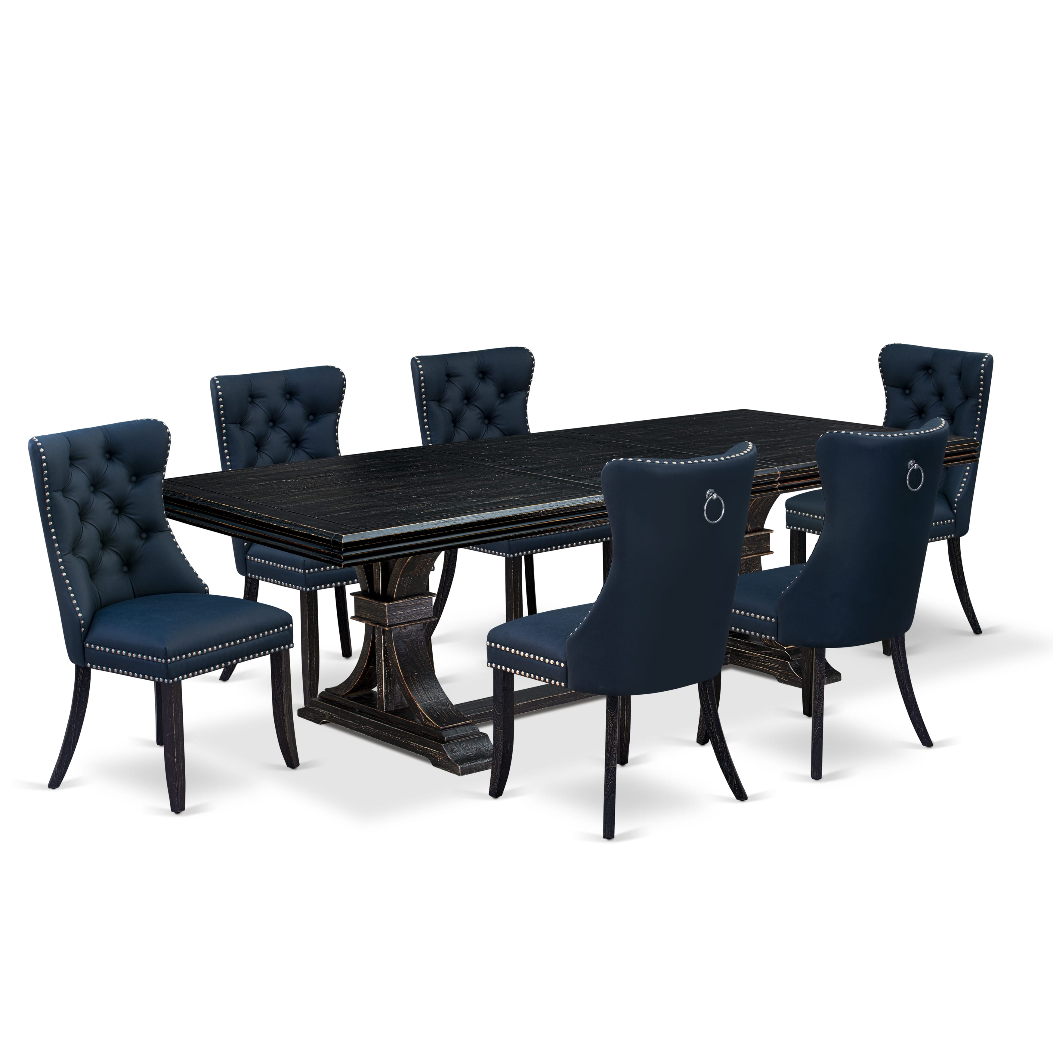 Luxe by East West Furniture NEDA7-SBB-29 - 7-piece dining set includes a breakfast table and 6 Navy Blue Faux Leather padded chairs with Button Tufted Chair Back - Sand Blasting Black Finish.