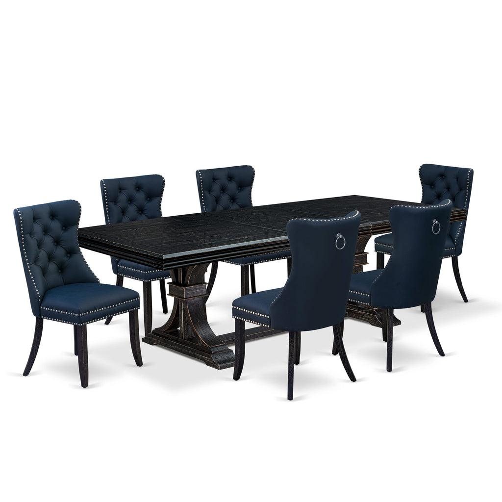 Luxe by East West Furniture NEDA7-SBB-29 - 7-piece dining set includes a breakfast table and 6 Navy Blue Faux Leather padded chairs with Button Tufted Chair Back - Sand Blasting Black Finish.