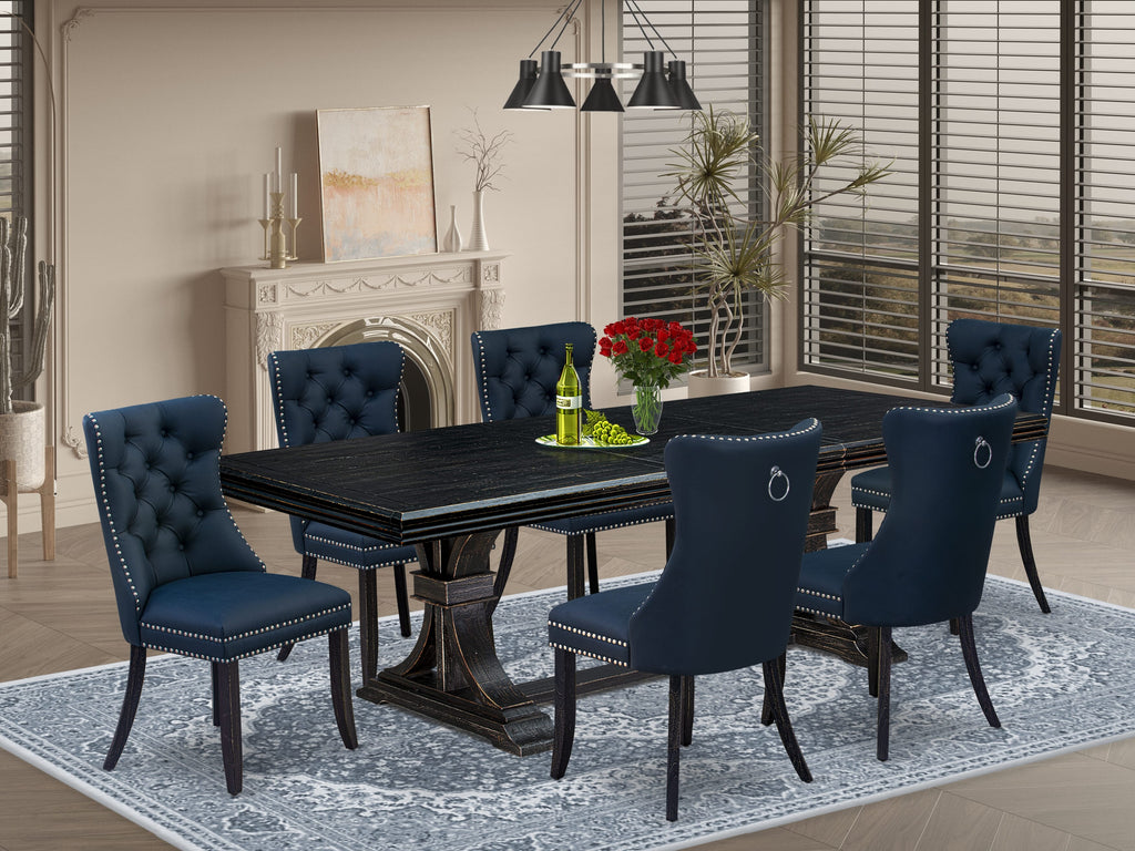 Luxe by East West Furniture NEDA7-SBB-29 - 7-piece dining set includes a breakfast table and 6 Navy Blue Faux Leather padded chairs with Button Tufted Chair Back - Sand Blasting Black Finish.
