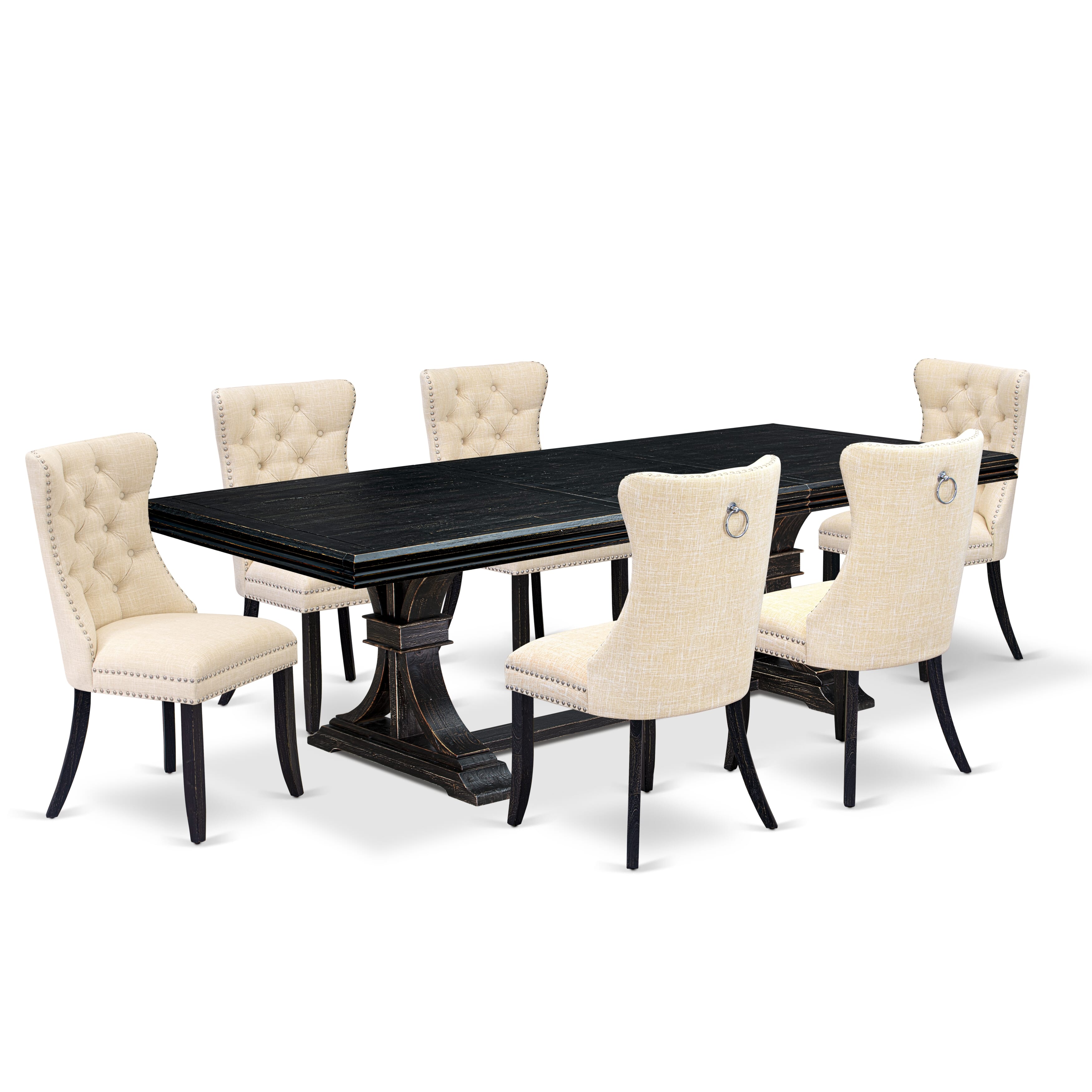 Luxe by East West Furniture NEDA7-SBB-32 - 7-piece kitchen dining set consists of a rectangular table and 6 Light Beige Linen Fabric modern chairs with Button Tufted Chair Back - Sand Blasting Black Finish.