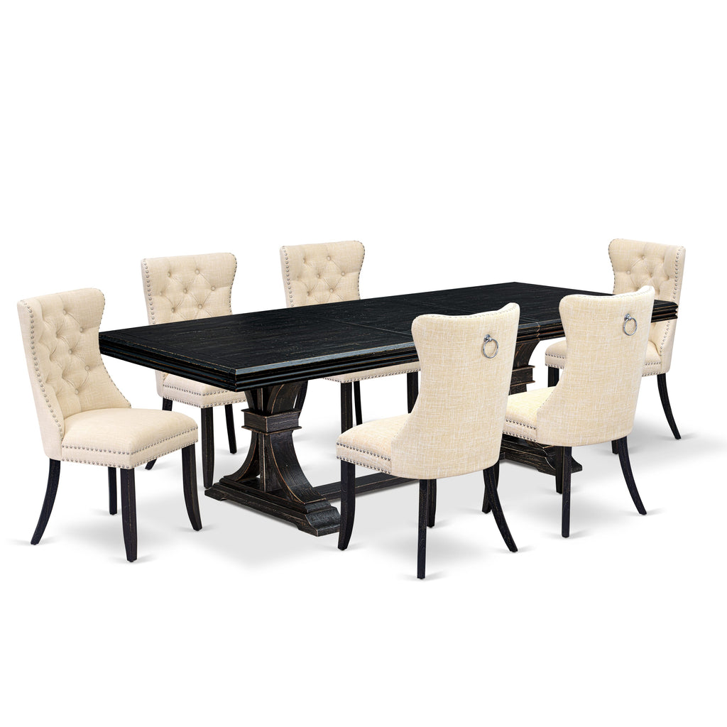 Luxe by East West Furniture NEDA7-SBB-32 - 7-piece kitchen dining set consists of a rectangular table and 6 Light Beige Linen Fabric modern chairs with Button Tufted Chair Back - Sand Blasting Black Finish.