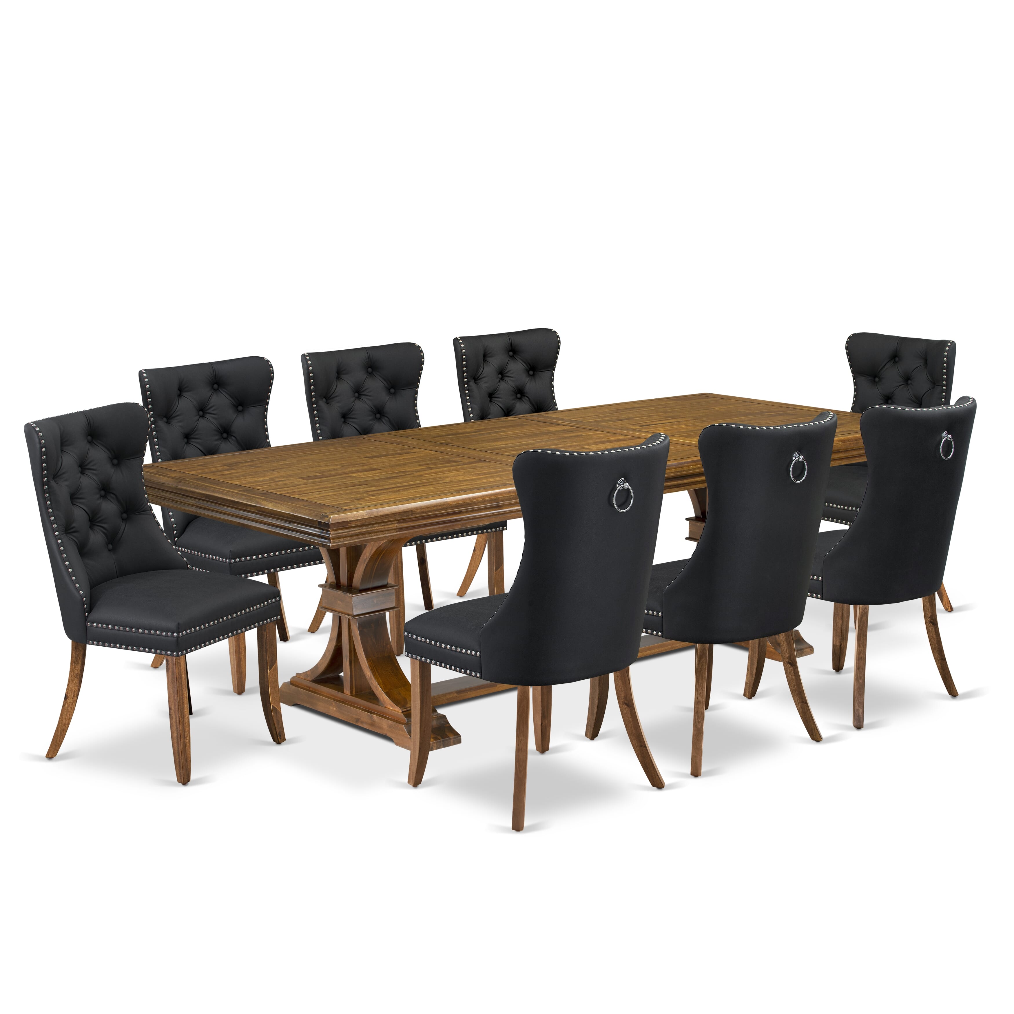 Luxe by East West Furniture NEDA9-AWA-12 9-piece Mid-Century Dining Table Set consists of a Dining Table and 8 Dark Grey PU Leather Dining Chairs with Button tufted Back - Antique Walnut Finish
