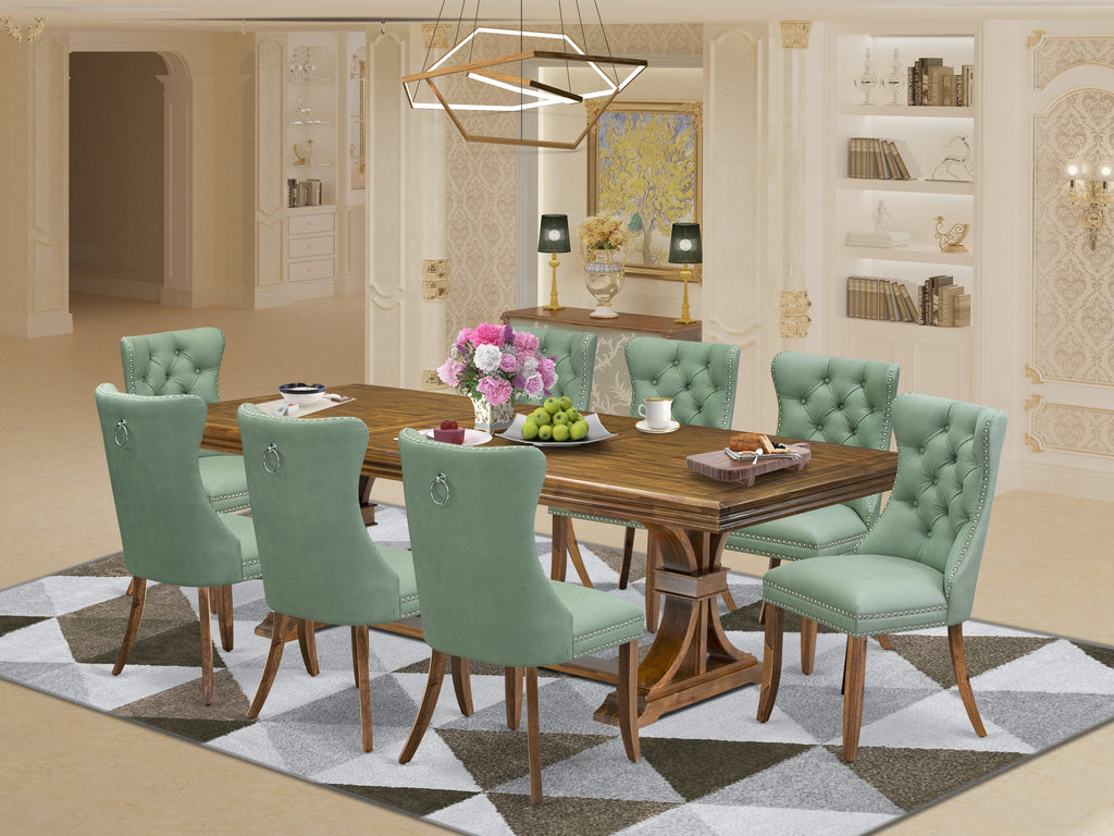 Luxe by East West Furniture NEDA9-AWA-22 9-piece Modern Dining Table Set consists of a Kitchen Table and 8 Willow Green PU Leather Dining Chairs with Button tufted Back - Antique Walnut Finish