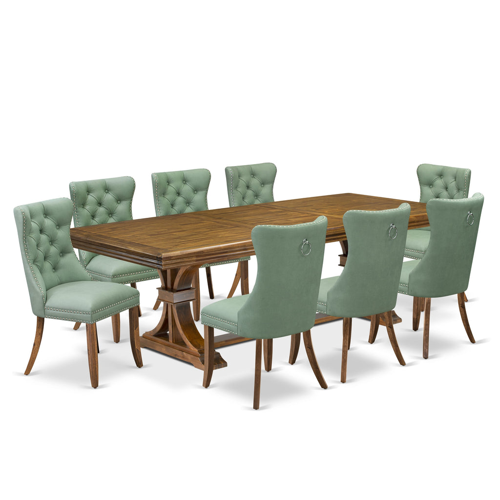 Luxe by East West Furniture NEDA9-AWA-22 9-piece Modern Dining Table Set consists of a Kitchen Table and 8 Willow Green PU Leather Dining Chairs with Button tufted Back - Antique Walnut Finish