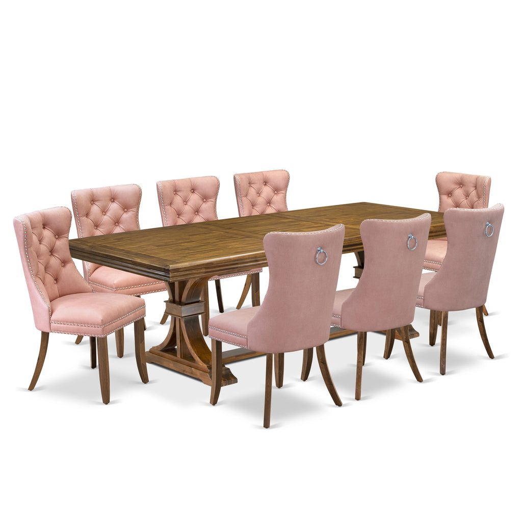 Luxe by East West Furniture NEDA9-AWA-23 9-piece Mid-Century Dining Table Set consists of a Kitchen Table and 8 Beige Red Faux Leather Dinner Chairs with Button tufted Back - Antique Walnut Finish