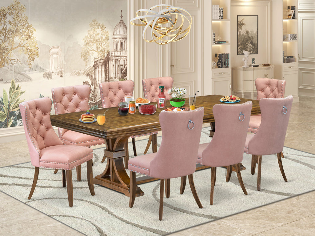 Luxe by East West Furniture NEDA9-AWA-23 9-piece Mid-Century Dining Table Set consists of a Kitchen Table and 8 Beige Red Faux Leather Dinner Chairs with Button tufted Back - Antique Walnut Finish