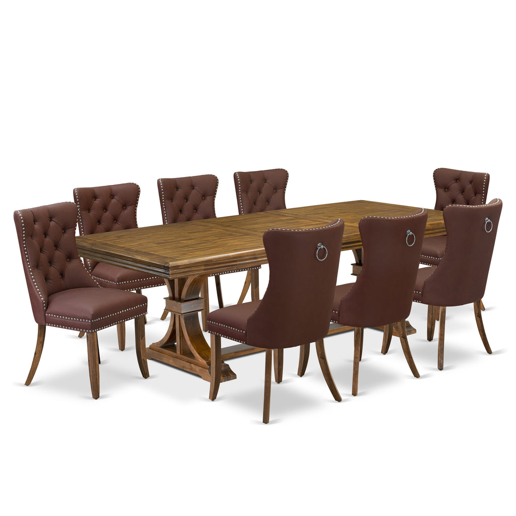 Luxe by East West Furniture NEDA9-AWA-26-9 Pieces Dining Table Set Includes a Rectangle Table and 8 Burgundy Faux Leather Dining Chairs, Antique Walnut