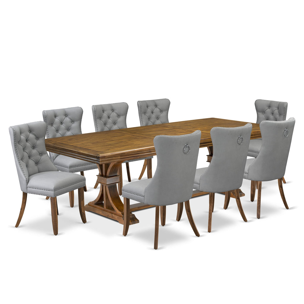 Luxe by East West Furniture NEDA9-AWA-27-9 Pieces Dining Table Set Includes a Rectangle Table and 8 Light Gray Faux Leather Dining Chairs, Antique Walnut