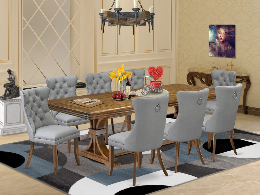 Luxe by East West Furniture NEDA9-AWA-27-9 Pieces Dining Table Set Includes a Rectangle Table and 8 Light Gray Faux Leather Dining Chairs, Antique Walnut