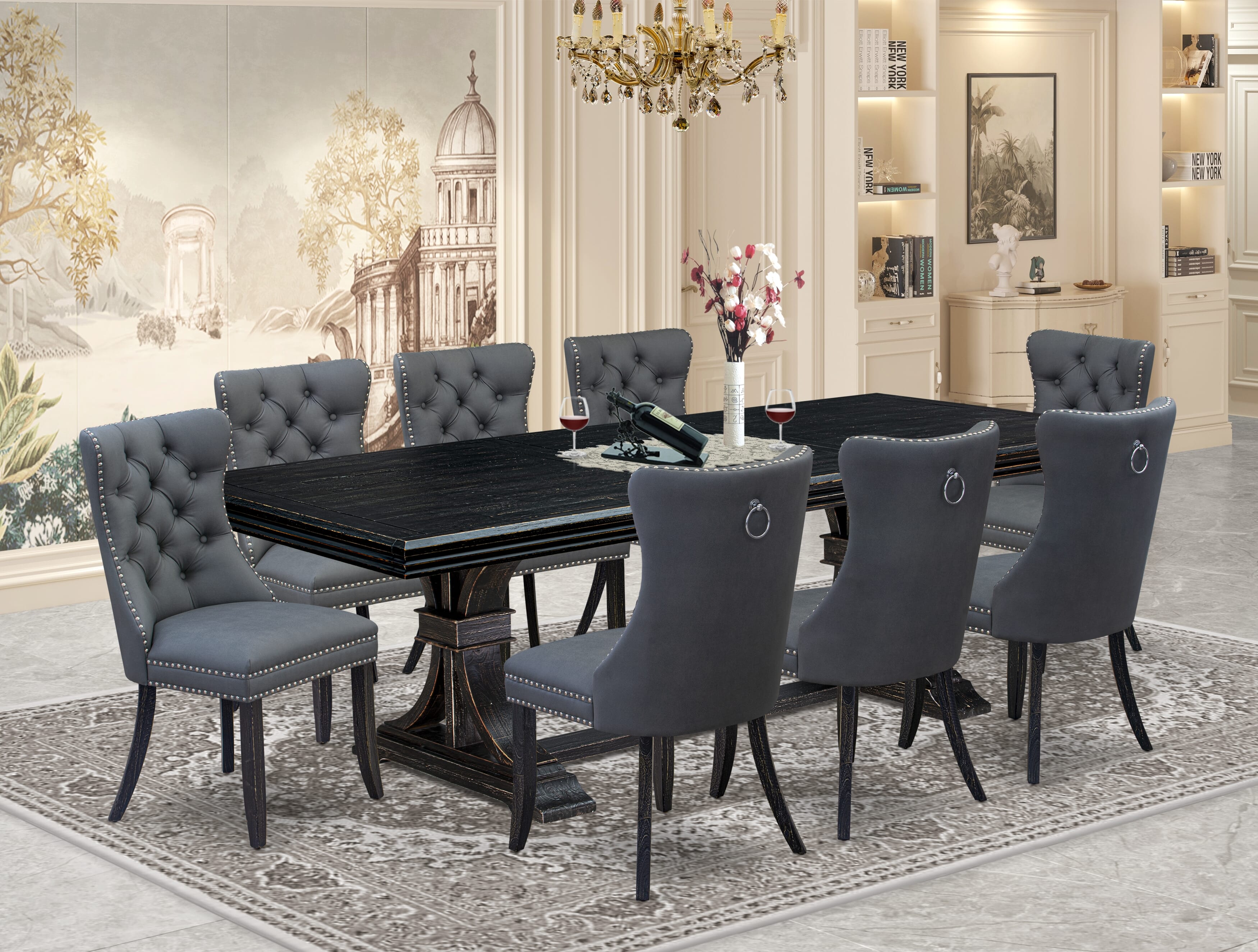 Luxe by East West Furniture NEDA9-SBB-13 9 Pieces Dining Table Set Includes a Rectangle Table and 8 Platinum Gray Faux Leather Dining Chairs, Sand Blasting Black