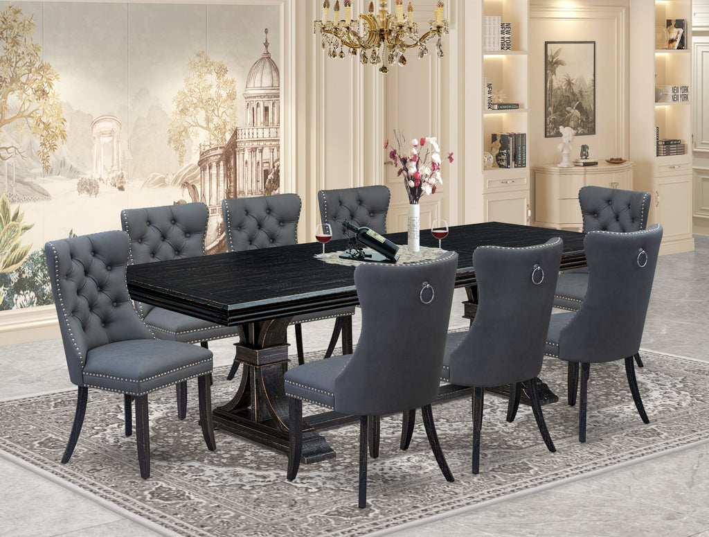 Luxe by East West Furniture NEDA9-SBB-13 9 Pieces Dining Table Set Includes a Rectangle Table and 8 Platinum Gray Faux Leather Dining Chairs, Sand Blasting Black