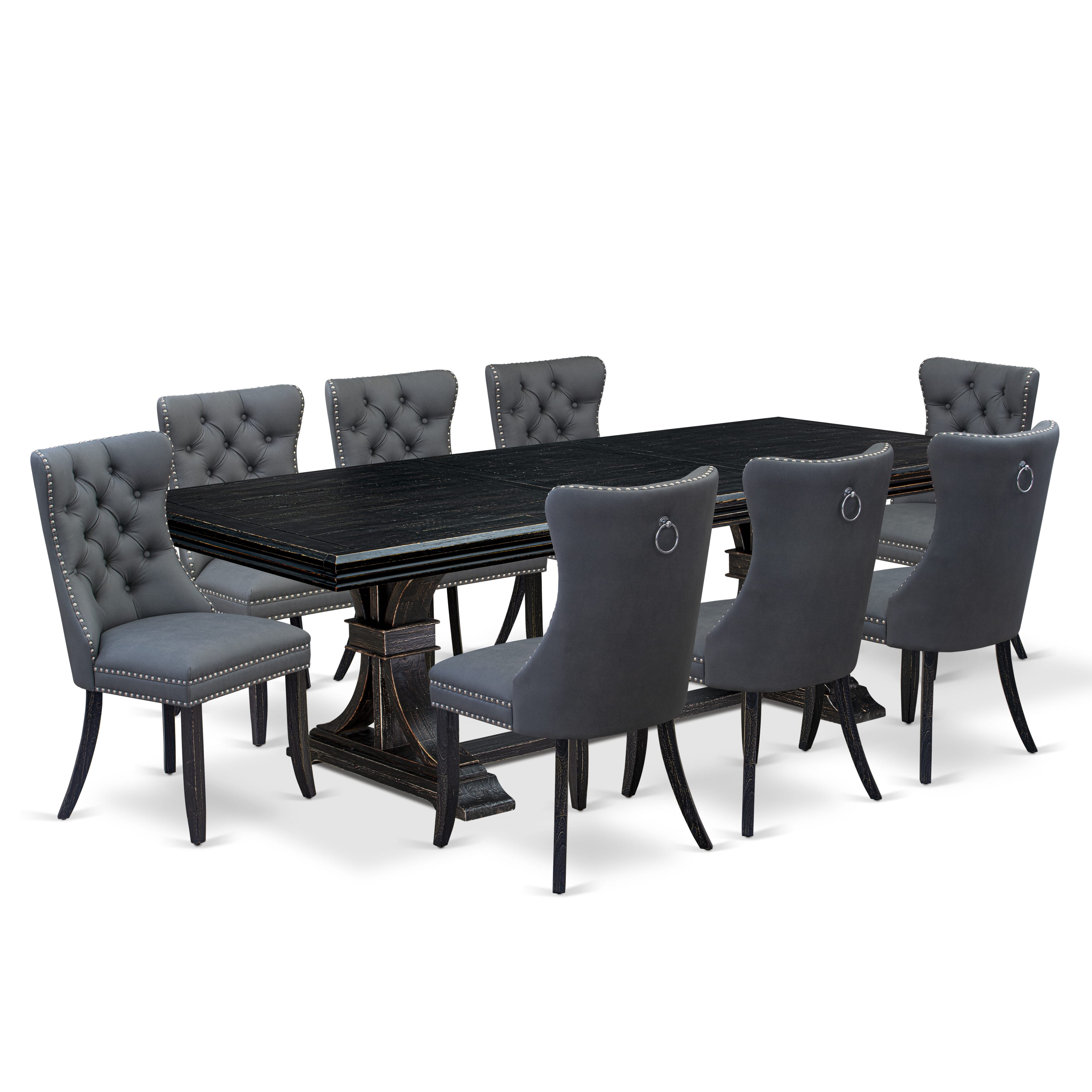 Luxe by East West Furniture NEDA9-SBB-13 9 Pieces Dining Table Set Includes a Rectangle Table and 8 Platinum Gray Faux Leather Dining Chairs, Sand Blasting Black