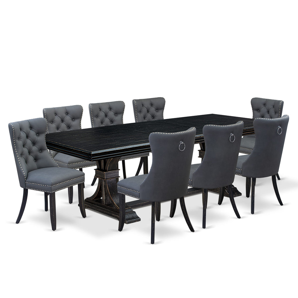 Luxe by East West Furniture NEDA9-SBB-13 9 Pieces Dining Table Set Includes a Rectangle Table and 8 Platinum Gray Faux Leather Dining Chairs, Sand Blasting Black