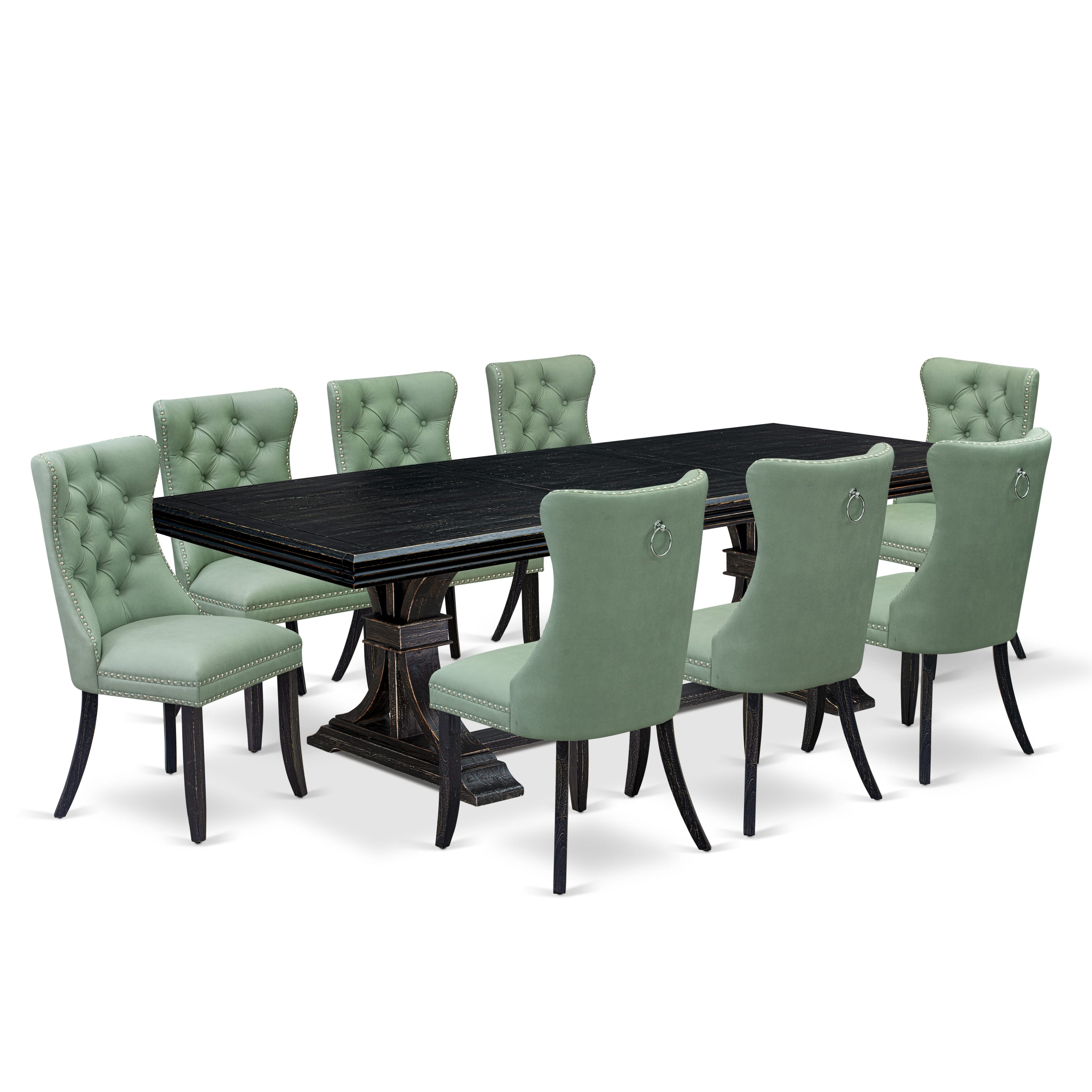 Luxe by East West Furniture NEDA9-SBB-22 9 Pieces Dining Table Set Includes a Rectangle Table and 8 Willow Green Faux Leather Dining Chairs, Sand Blasting Black