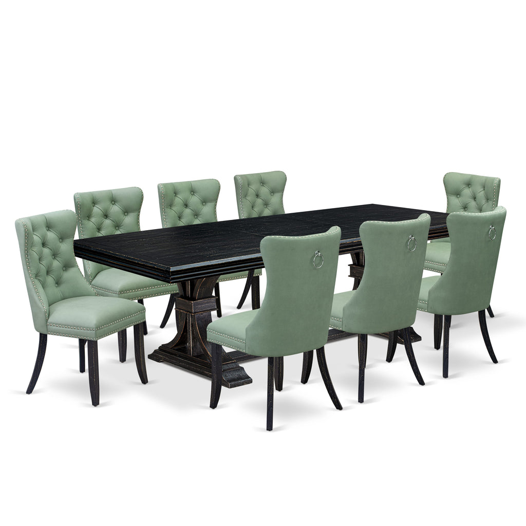 Luxe by East West Furniture NEDA9-SBB-22 9 Pieces Dining Table Set Includes a Rectangle Table and 8 Willow Green Faux Leather Dining Chairs, Sand Blasting Black