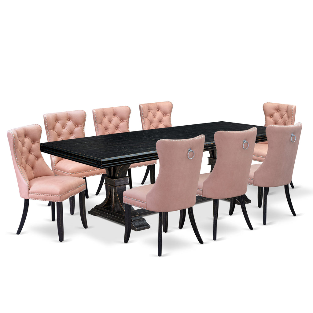 Luxe by East West Furniture NEDA9-SBB-23 9 Pieces Dining Table Set Includes a Rectangle Table and 8 Beige Red Faux Leather Dining Chairs, Sand Blasting Black