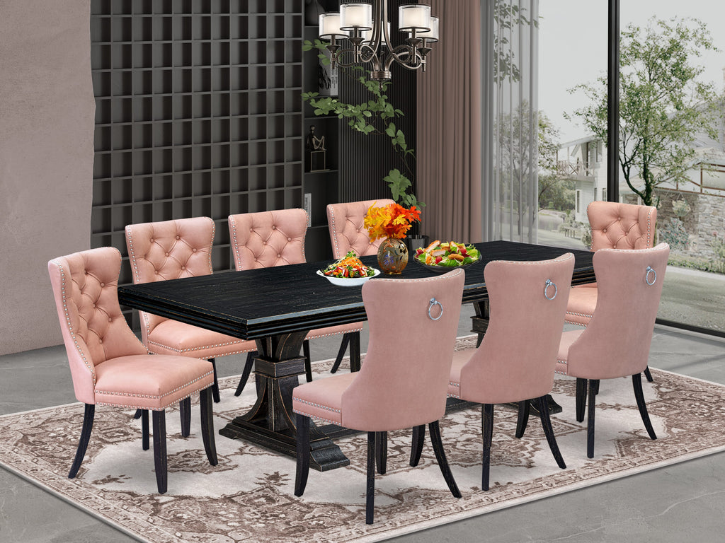 Luxe by East West Furniture NEDA9-SBB-23 9 Pieces Dining Table Set Includes a Rectangle Table and 8 Beige Red Faux Leather Dining Chairs, Sand Blasting Black