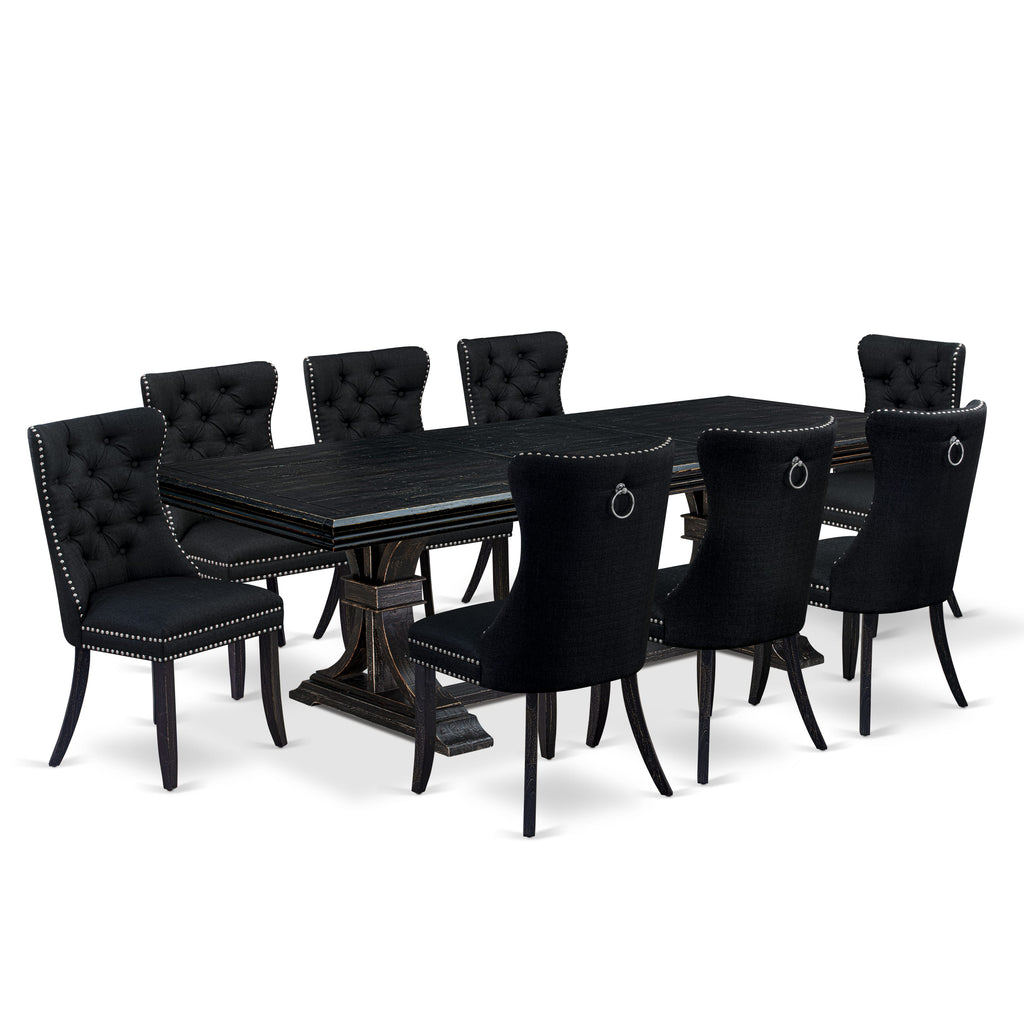Luxe by East West Furniture NEDA9-SBB-24 - 9-piece kitchen table set includes a dinner table and 8 Black Linen Fabric dining Chairs with Button Tufted Chair Back - Sand Blasting Black Finish.