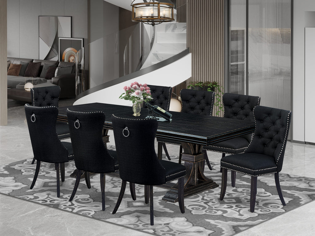 Luxe by East West Furniture NEDA9-SBB-24 - 9-piece kitchen table set includes a dinner table and 8 Black Linen Fabric dining Chairs with Button Tufted Chair Back - Sand Blasting Black Finish.