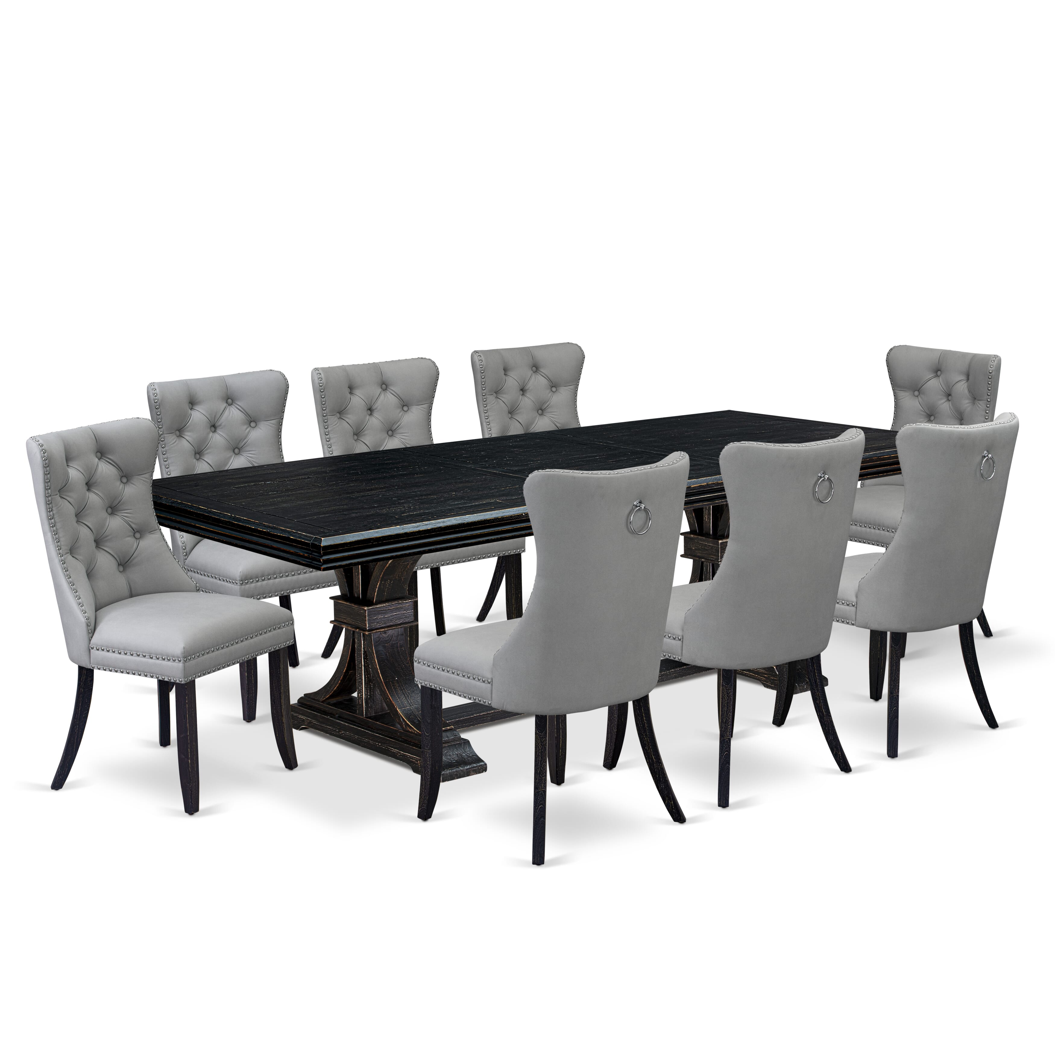 Luxe by East West Furniture NEDA9-SBB-27 - 9-piece dining table set includes a dining table and 8 Light Gray Faux Leather kitchen Chairs with Button Tufted Chair Back - Sand Blasting Black Finish.