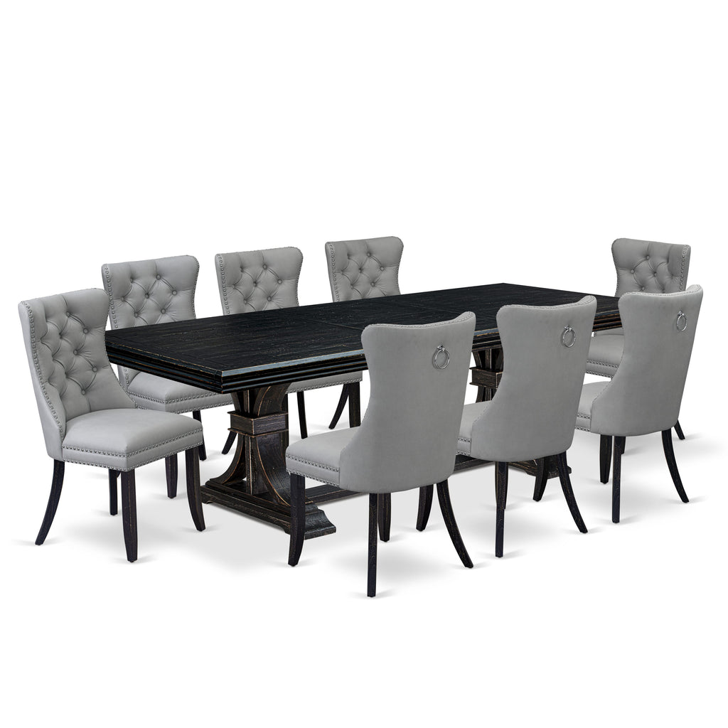 Luxe by East West Furniture NEDA9-SBB-27 - 9-piece dining table set includes a dining table and 8 Light Gray Faux Leather kitchen Chairs with Button Tufted Chair Back - Sand Blasting Black Finish.