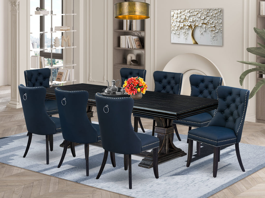 Luxe by East West Furniture NEDA9-SBB-29 - 9-piece modern dining set includes a dinner table and 8 Navy Blue Faux Leather kitchen Chairs with Button Tufted Chair Back - Sand Blasting Black Finish.