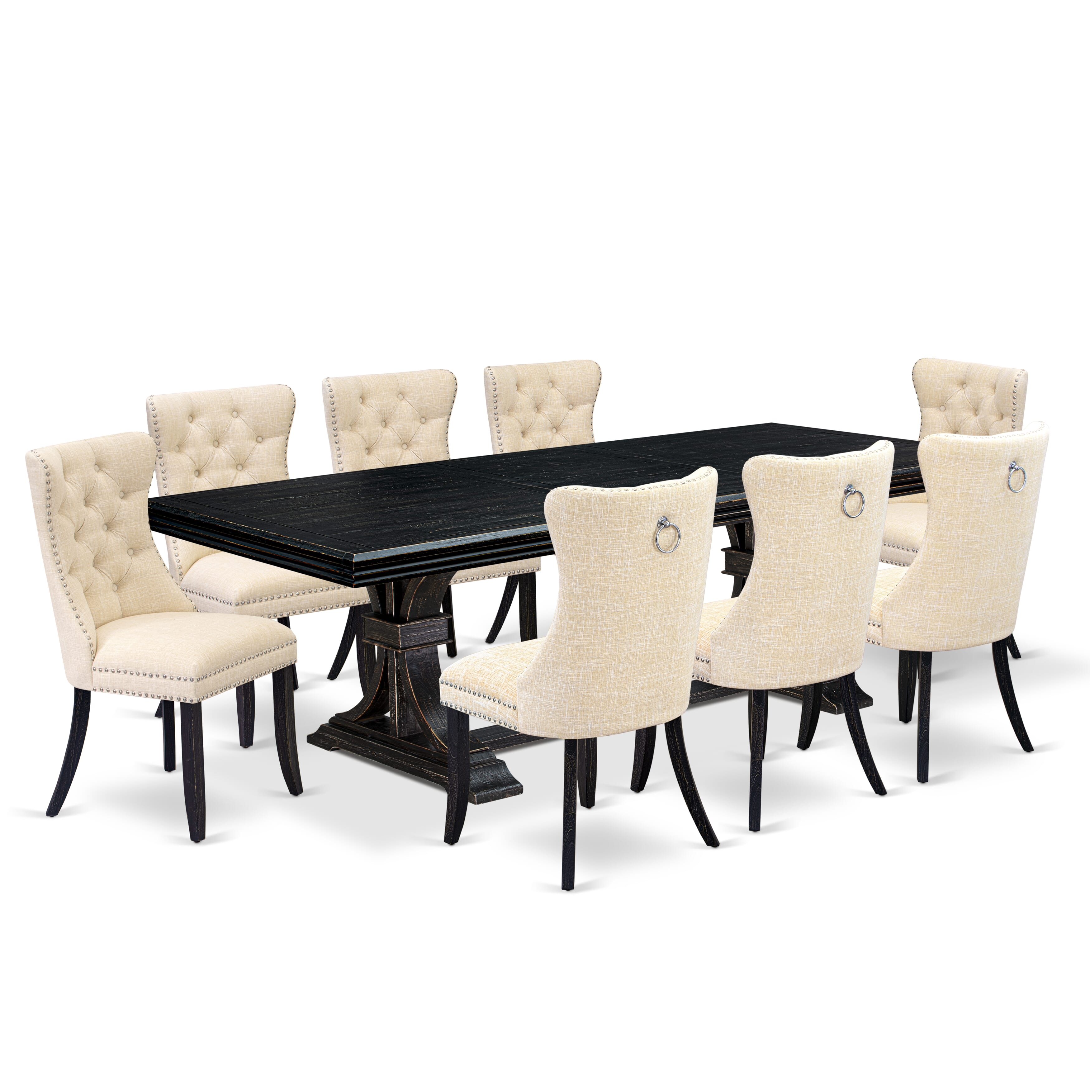 Luxe by East West Furniture NEDA9-SBB-32 - 9-piece dining table set consists of a dinner table and 8 Light Beige Linen Fabric dining chairs with Button Tufted Chair Back - Sand Blasting Black Finish.