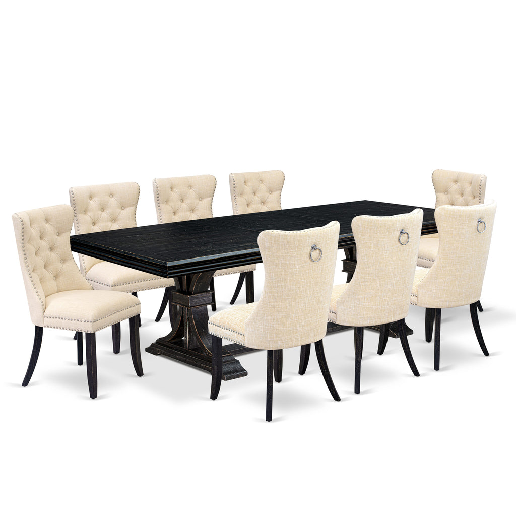 Luxe by East West Furniture NEDA9-SBB-32 - 9-piece dining table set consists of a dinner table and 8 Light Beige Linen Fabric dining chairs with Button Tufted Chair Back - Sand Blasting Black Finish.
