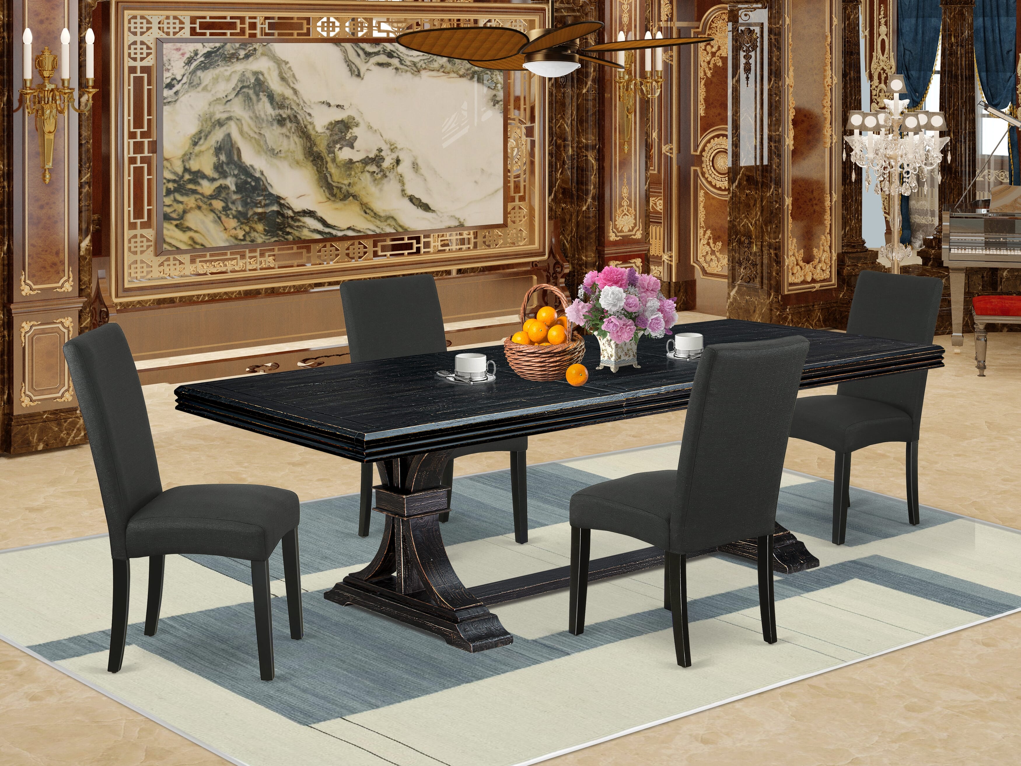 Luxe by East West Furniture NEDR5-SBB-24 - 5-piece dining table set consists of a kitchen table and 4 Black Linen Fabric dining chairs with Padded Chair Back - Sand Blasting Black Finish.