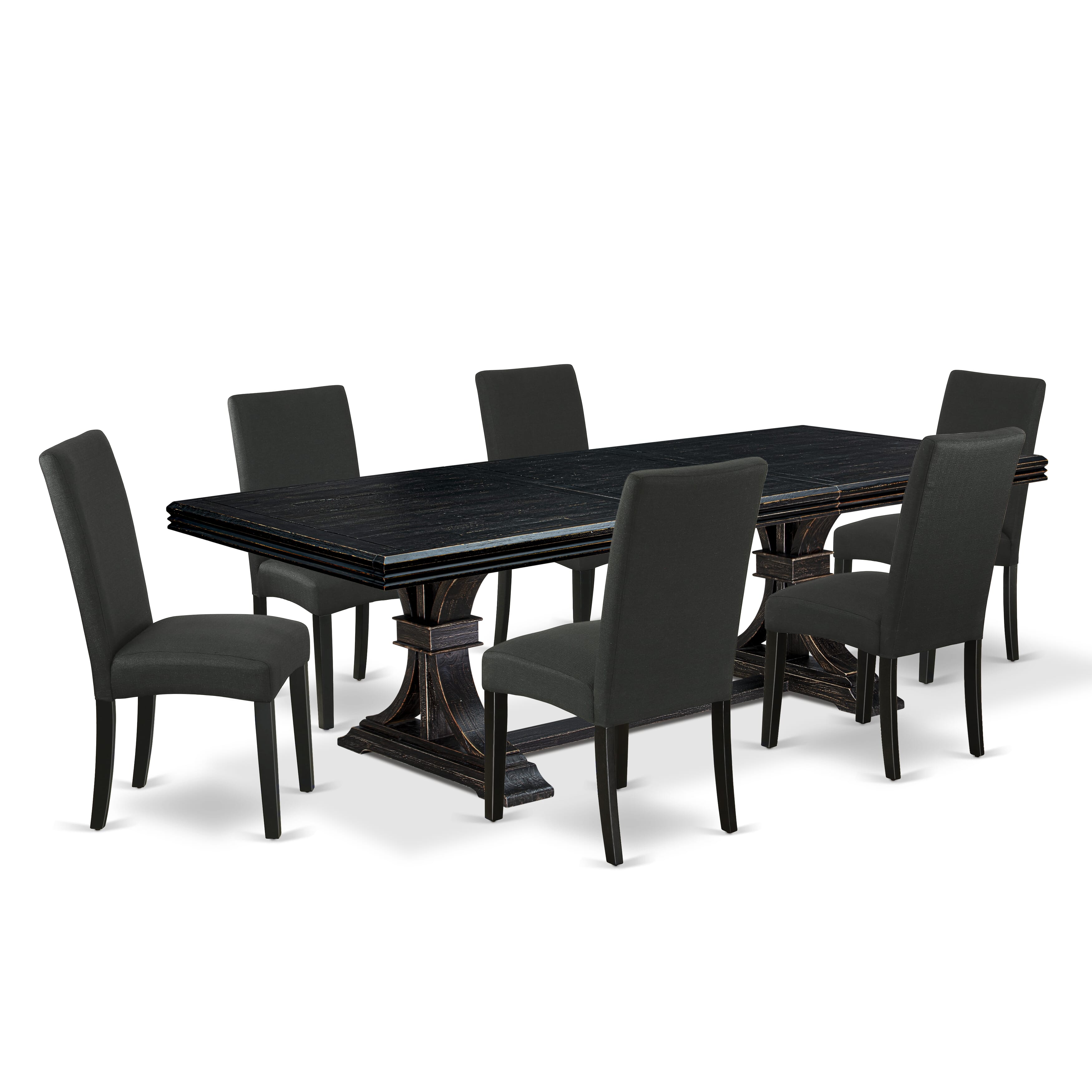 Luxe by East West Furniture NEDR7-SBB-24 - 7-piece kitchen table set consists of a wooden table and 6 Black Linen Fabric upholstered chairs with Padded Chair Back - Sand Blasting Black Finish.
