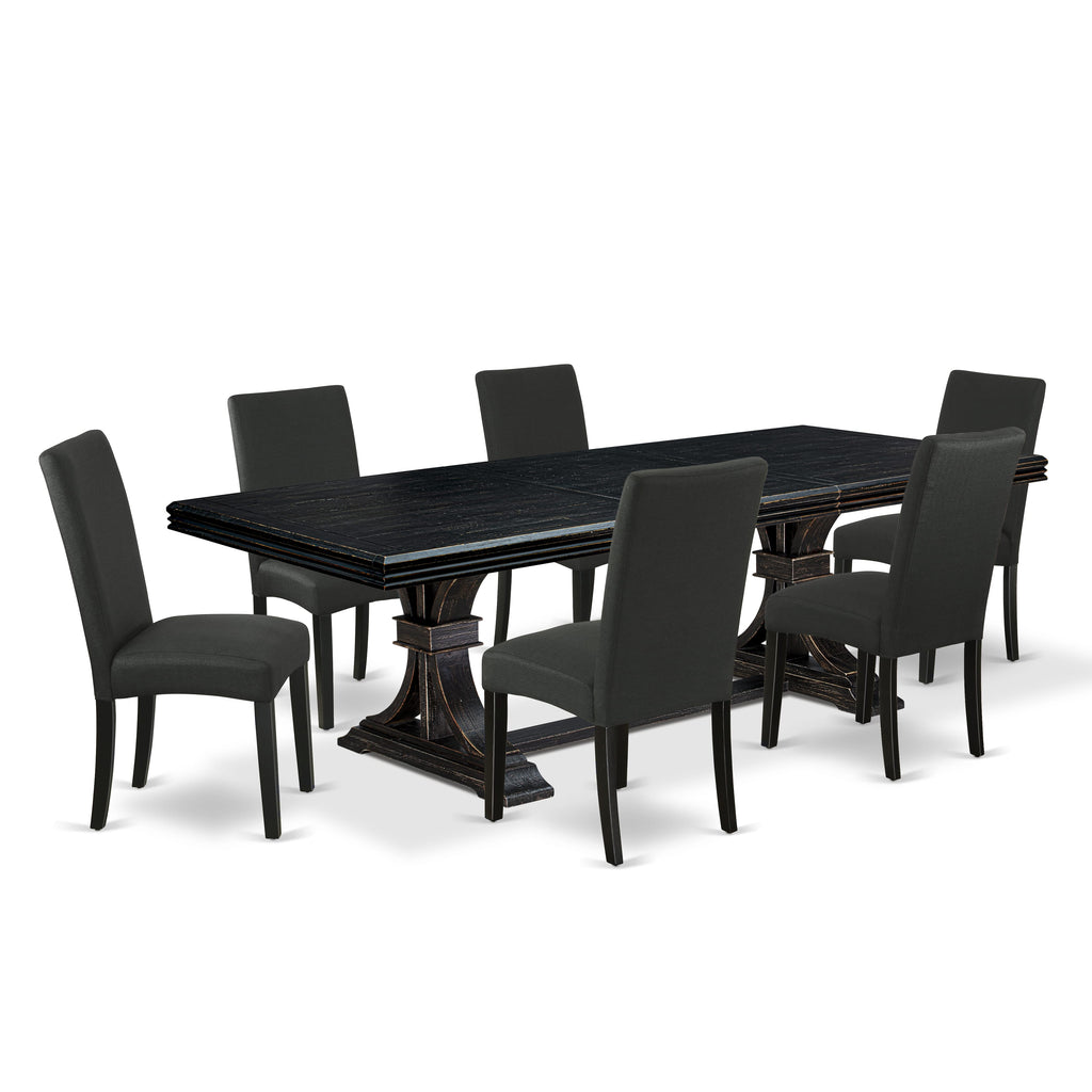 Luxe by East West Furniture NEDR7-SBB-24 - 7-piece kitchen table set consists of a wooden table and 6 Black Linen Fabric upholstered chairs with Padded Chair Back - Sand Blasting Black Finish.