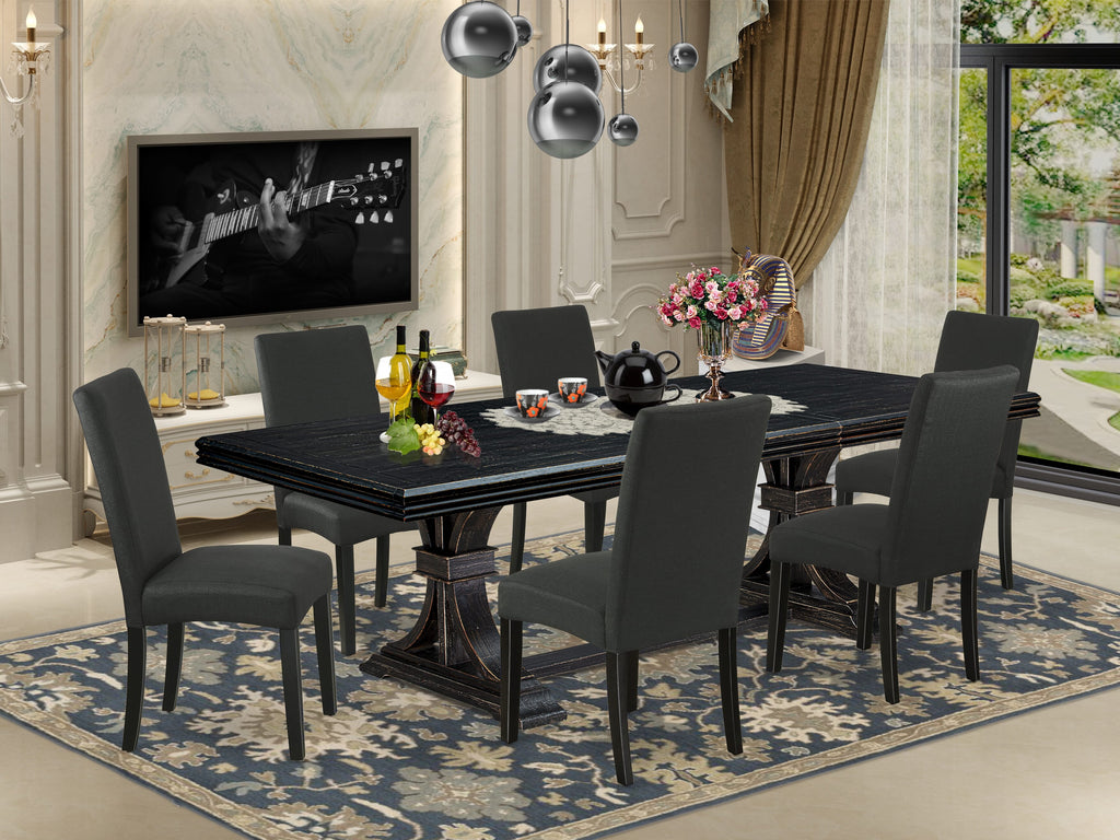 Luxe by East West Furniture NEDR7-SBB-24 - 7-piece kitchen table set consists of a wooden table and 6 Black Linen Fabric upholstered chairs with Padded Chair Back - Sand Blasting Black Finish.