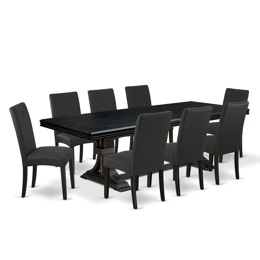 Luxe by East West Furniture NEDR9-SBB-24 - 9-piece kitchen set consists of a dining table and 8 Black Linen Fabric kitchen chairs with Padded Chair Back - Sand Blasting Black Finish.