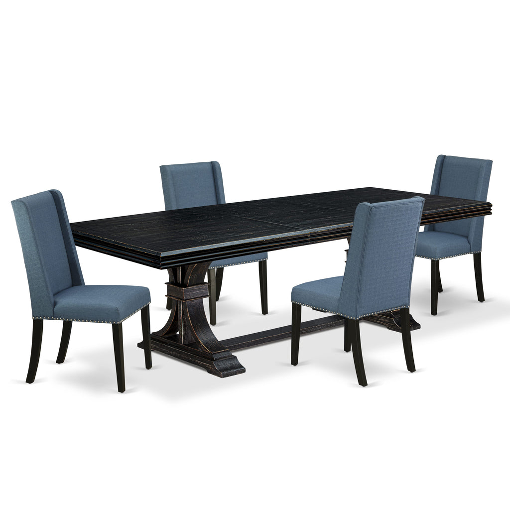 Luxe by East West Furniture NEFL5-SBB-21 - 5-piece kitchen dining set consists of a dining table and 4 Mineral Blue Linen Fabric dining chairs with Padded Chair Back - Sand Blasting Black Finish.