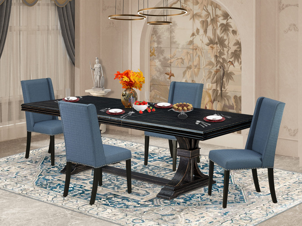 Luxe by East West Furniture NEFL5-SBB-21 - 5-piece kitchen dining set consists of a dining table and 4 Mineral Blue Linen Fabric dining chairs with Padded Chair Back - Sand Blasting Black Finish.
