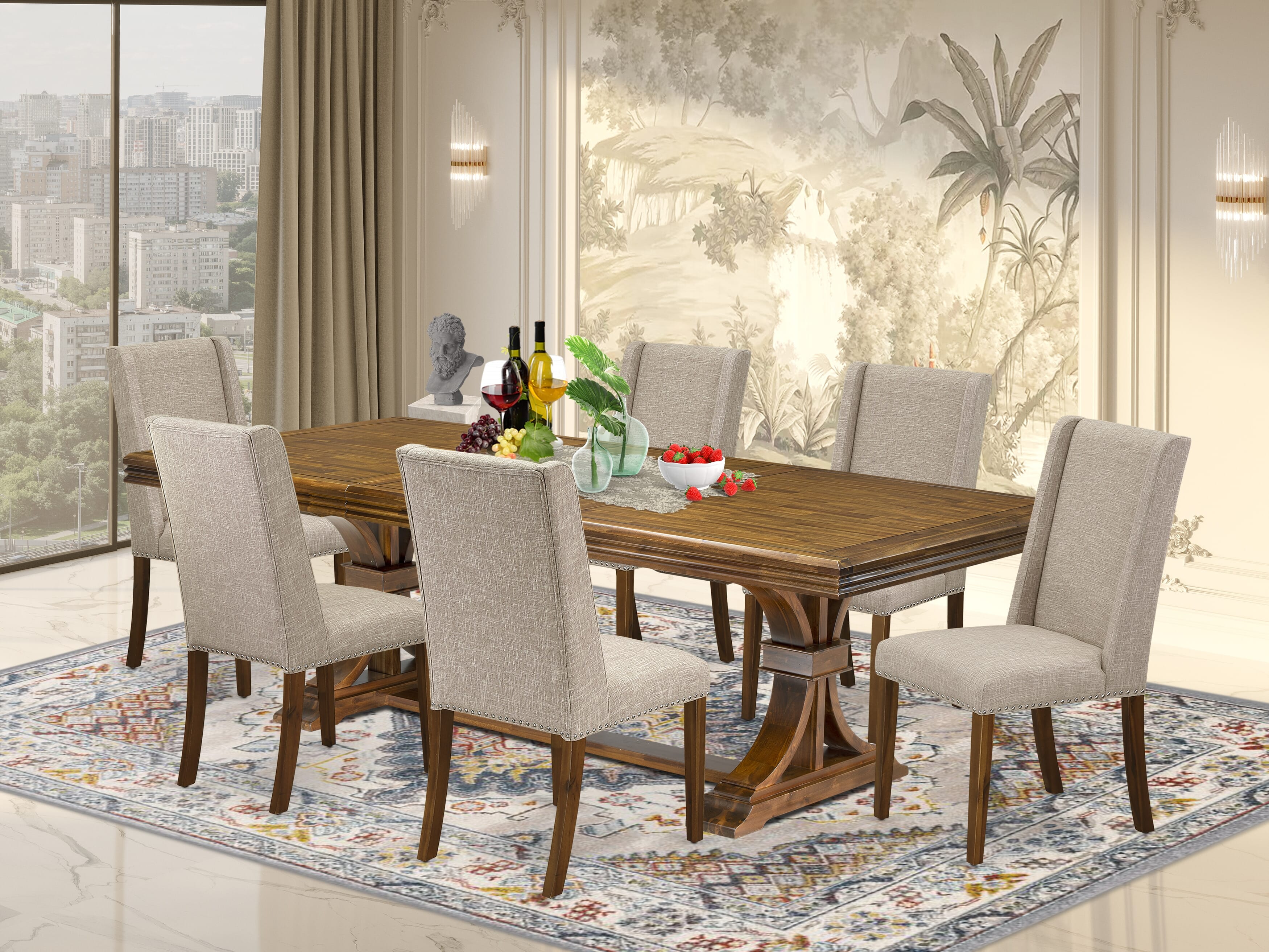 Luxe by East West Furniture NEFL7-AWA-04 - 7-piece dining table set includes a rectangular table and 6 Light Tan Linen Fabric kitchen chairs with Padded Chair Back - Antique Walnut Finish.