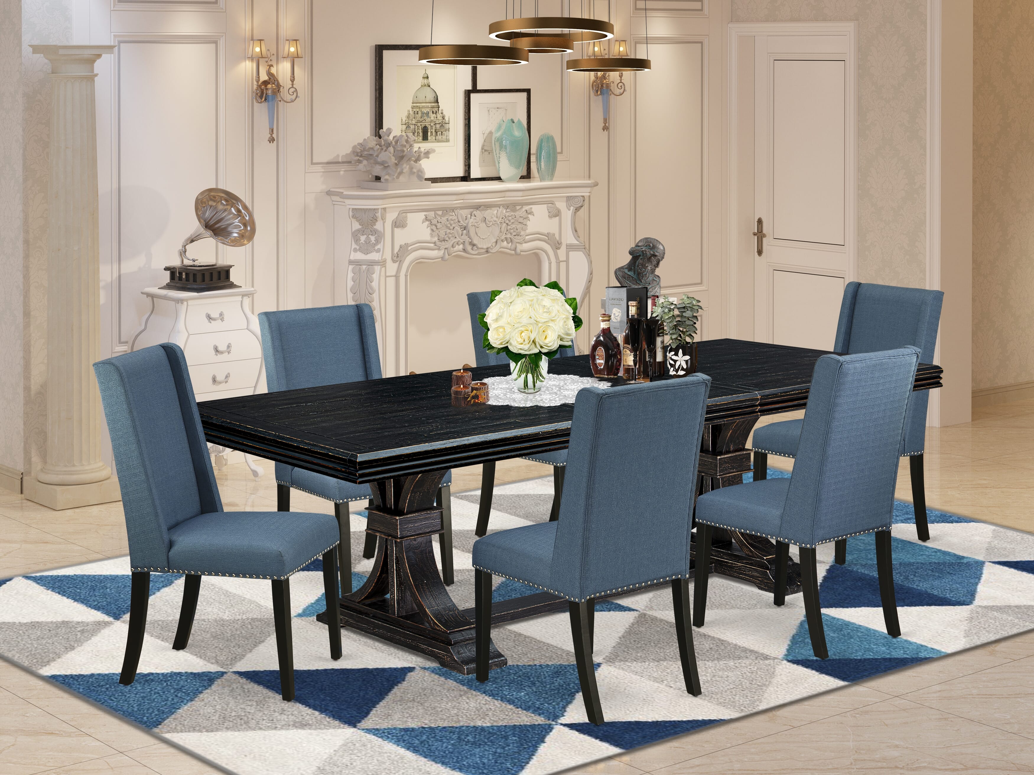 Luxe by East West Furniture NEFL7-SBB-21 - 7-piece modern dining set consists of a dining table and 6 Mineral Blue Linen Fabric upholstered chairs with Padded Chair Back - Sand Blasting Black Finish.