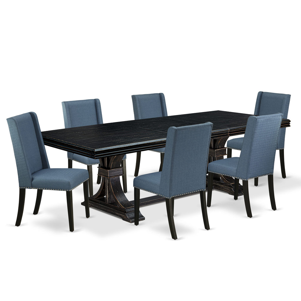 Luxe by East West Furniture NEFL7-SBB-21 - 7-piece modern dining set consists of a dining table and 6 Mineral Blue Linen Fabric upholstered chairs with Padded Chair Back - Sand Blasting Black Finish.