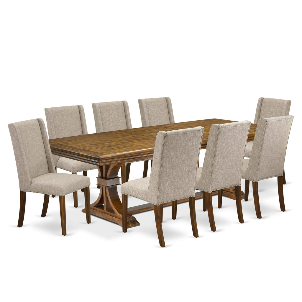 Luxe by East West Furniture NEFL9-AWA-04 - 9-piece kitchen set consists of a dinner table and 8 Light Tan Linen Fabric parson chairs with Padded Chair Back - Antique Walnut Finish.