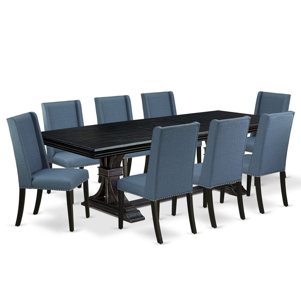 Luxe by East West Furniture NEFL9-SBB-21 - 9-piece kitchen table set consists of a dining table and 8 Mineral Blue Linen Fabric dining chairs with Padded Chair Back - Sand Blasting Black Finish.
