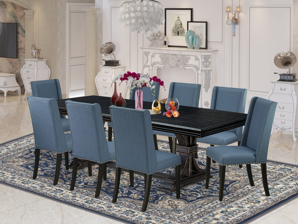 Luxe by East West Furniture NEFL9-SBB-21 - 9-piece kitchen table set consists of a dining table and 8 Mineral Blue Linen Fabric dining chairs with Padded Chair Back - Sand Blasting Black Finish.